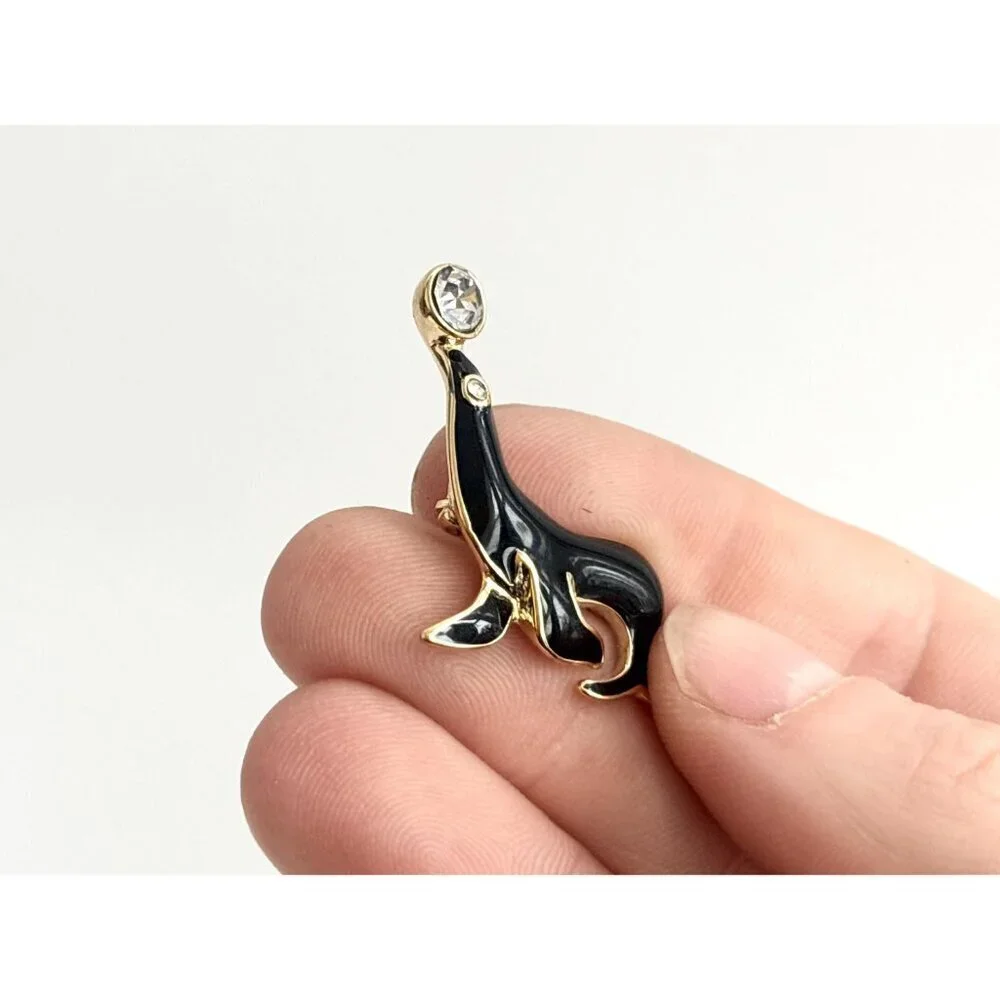 Seal Shaped Black Enameled Figural Gold TOned Vintage Costume Jewelry Brooch